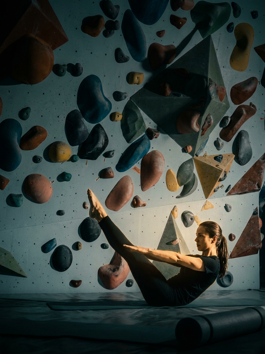 Pilates boat-hold in front of a bouldering wall at The Climbing Works